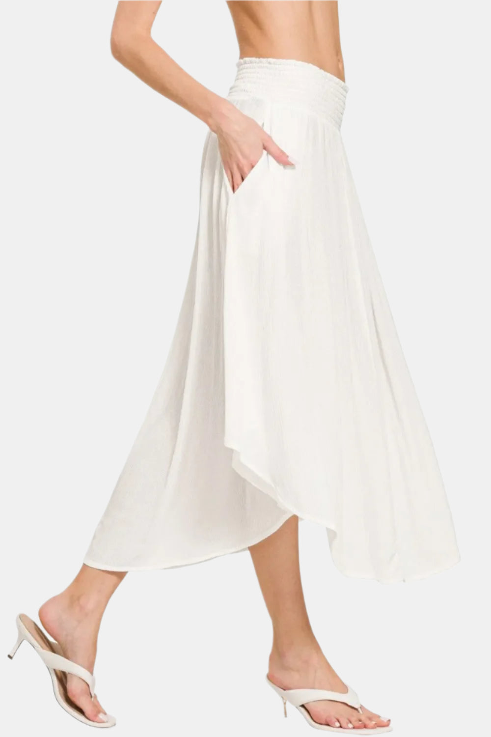 Off White Woven Crinkle Smocked Waist Maxi Skirt W Pockets