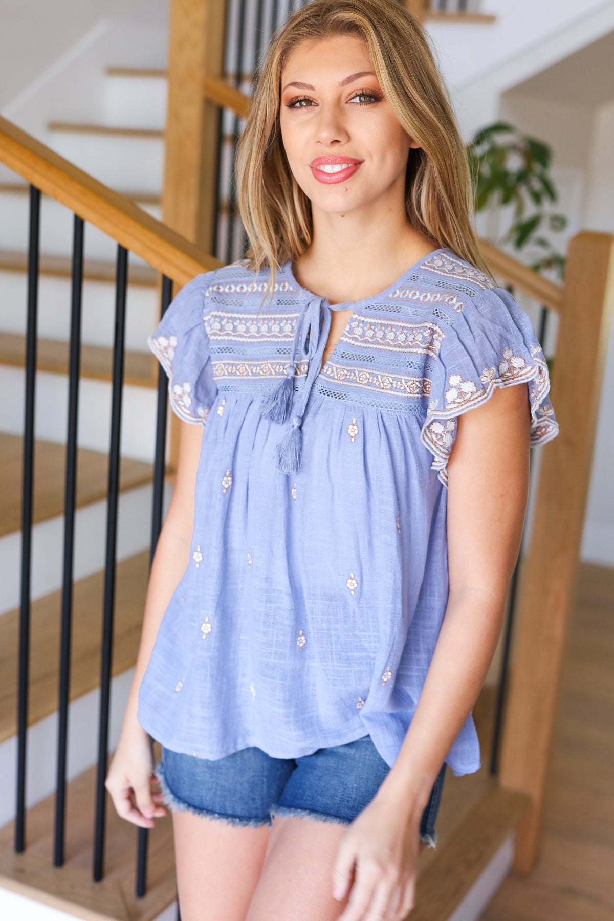 Blue Cotton Embroidered Scalloped Sleeve Top