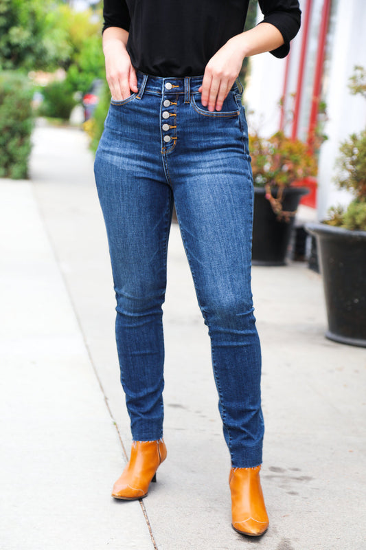 Dark Denim High Rise Skinny Fit Button Fly Jeans