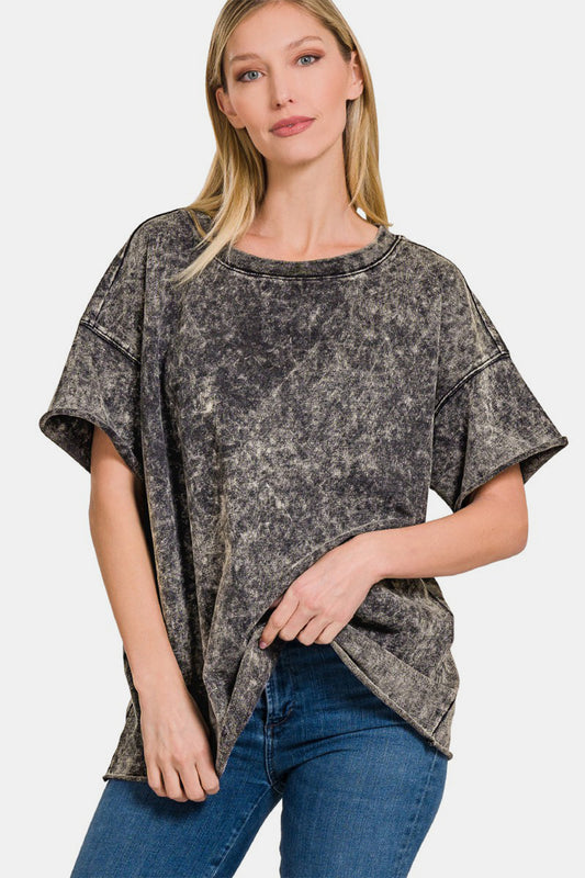 Acid Wash French Terry Drop Shoulder Raw Edge Top