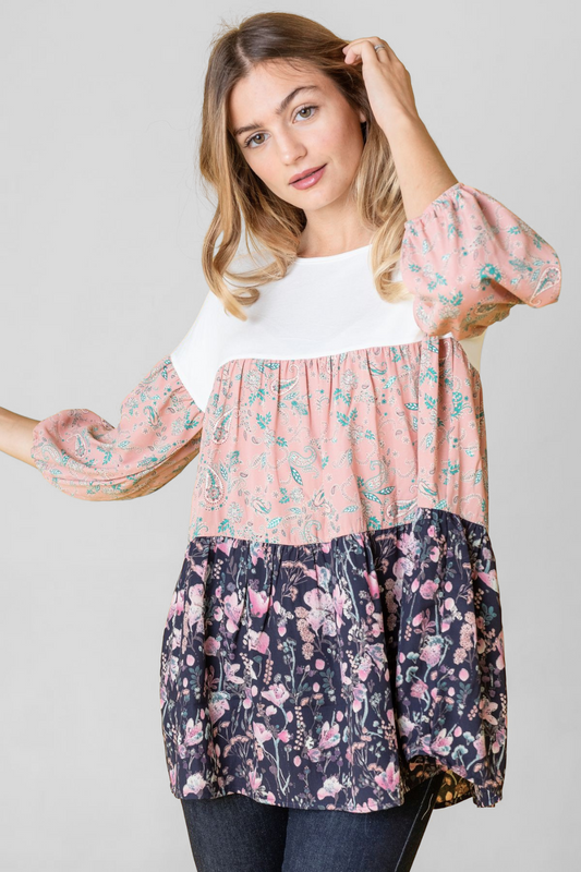 Paisley Floral Bubble Sleeve Tiered Tunic