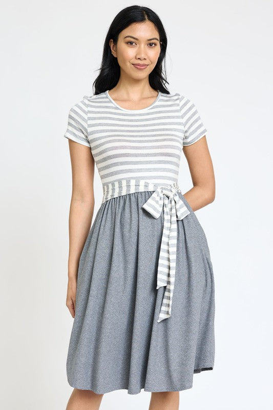 Striped Fit & Flare Sash Midi Dress