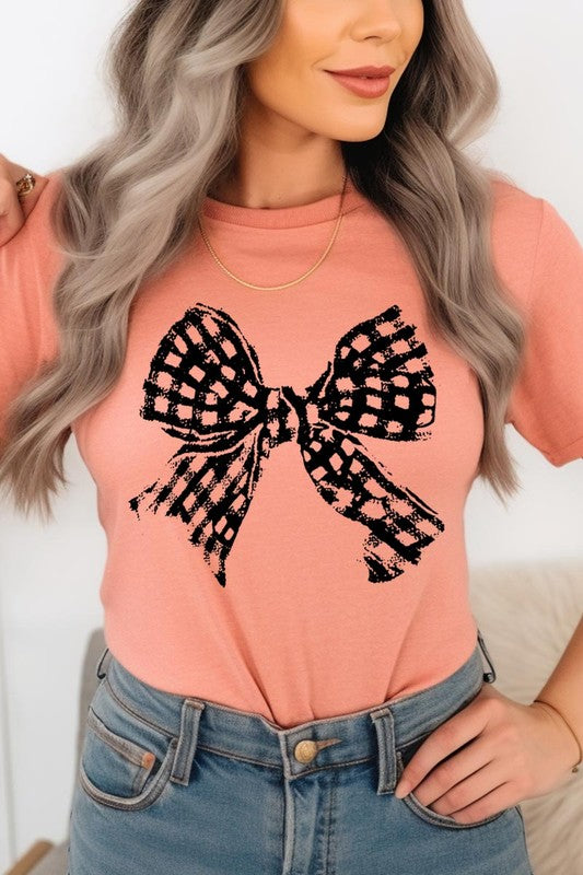 Vintage Checkered Bow Graphic T Shirt