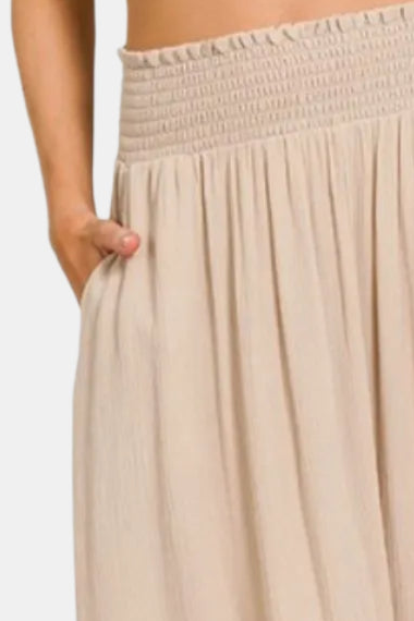 Sand Beige Woven Crinkle Smocked Waist Maxi Skirt W Pockets