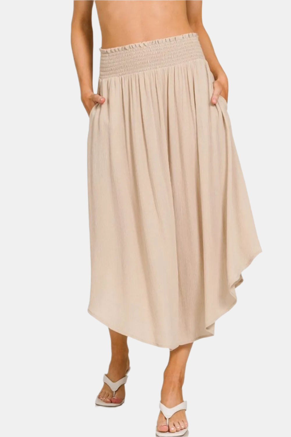 Sand Beige Woven Crinkle Smocked Waist Maxi Skirt W Pockets