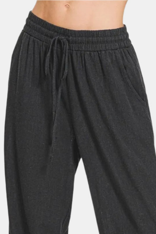 Black Linen Drawstring Pants With Side Slits