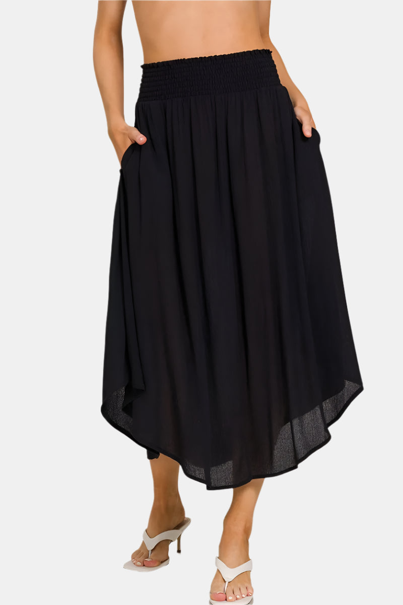 Black Woven Crinkle Smocked Waist Maxi Skirt W Pockets