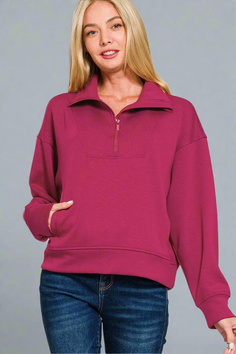 Cabernet Scuba Half Zip Sweatshirt with Pockets