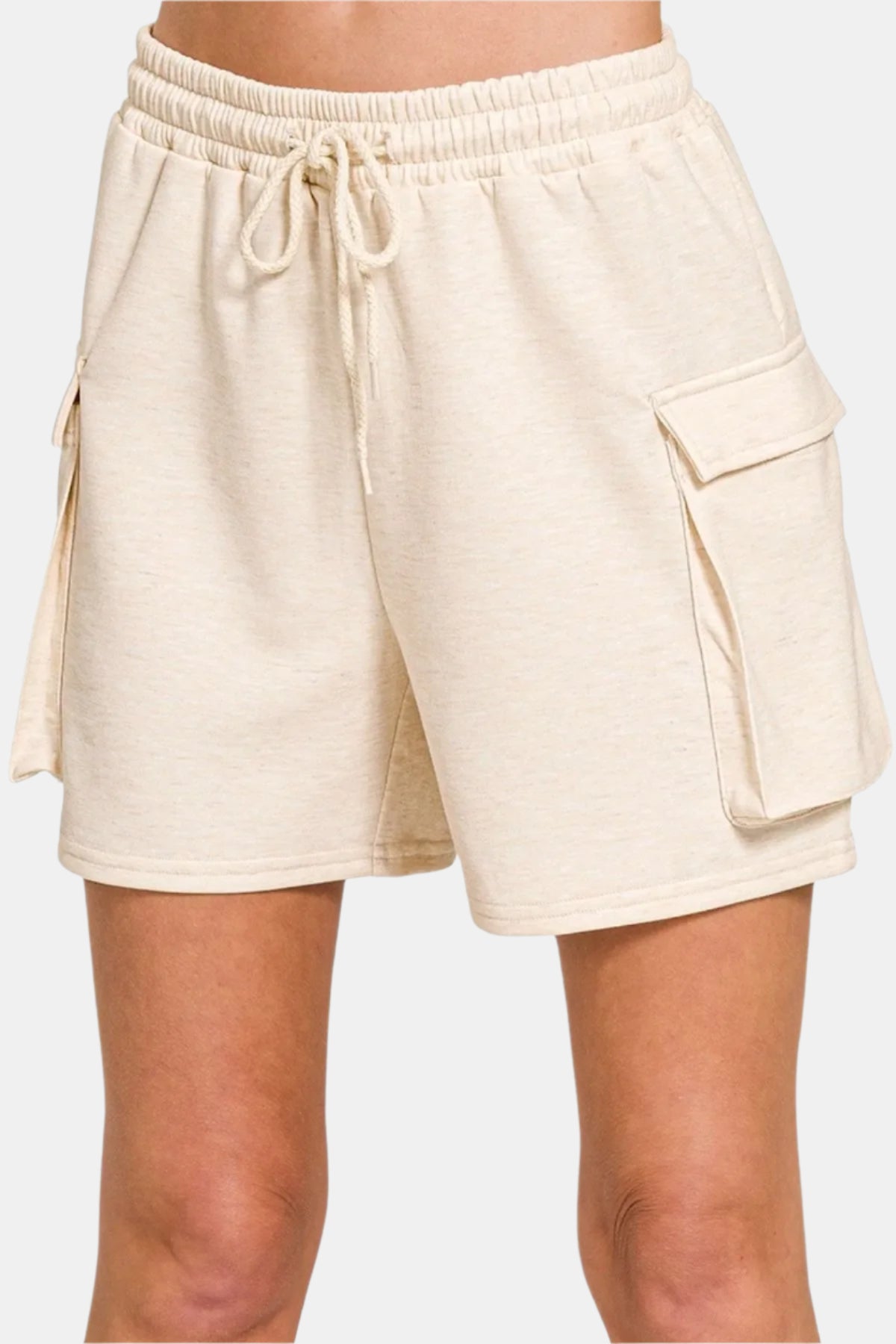 Beige Scuba Thigh Pocket Shorts