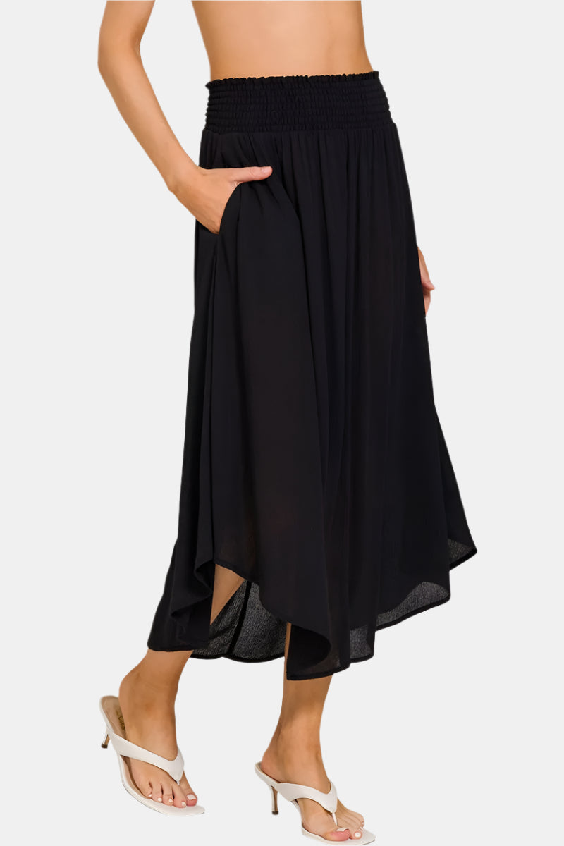 Black Woven Crinkle Smocked Waist Maxi Skirt W Pockets