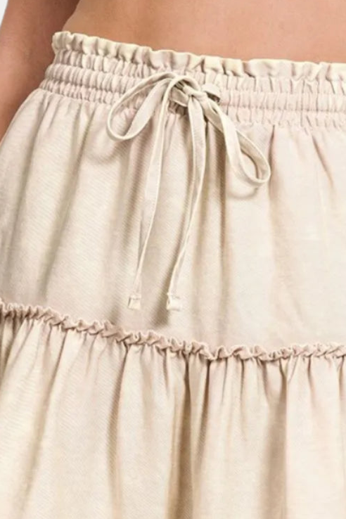 Sand Beige Tencel Washed Tiered Mini Skirt