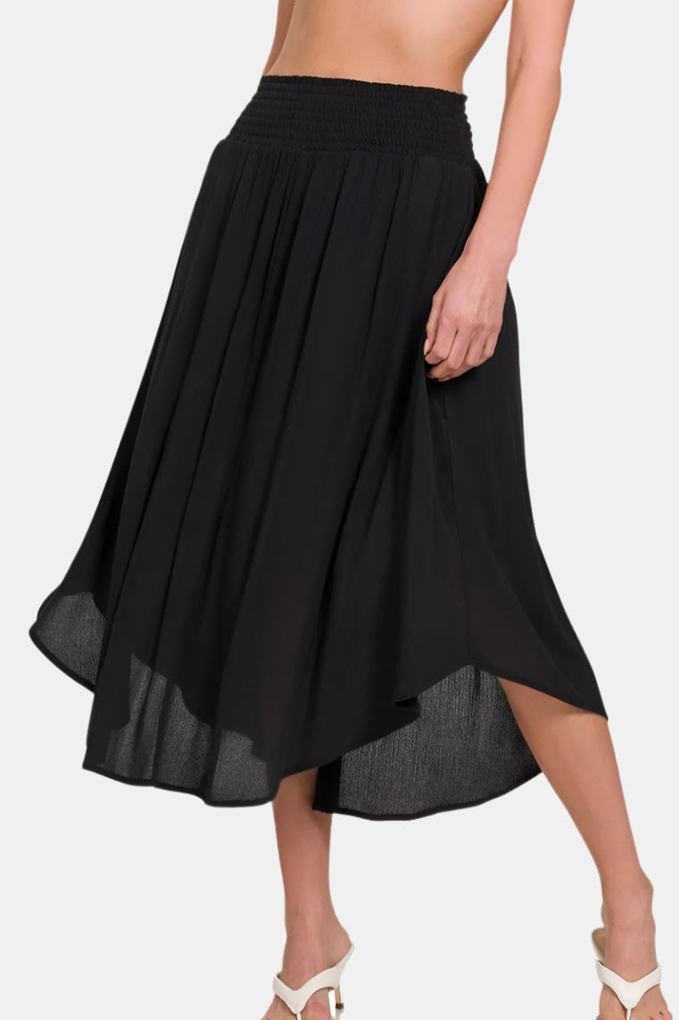 Black Woven Crinkle Smocked Waist Maxi Skirt W Pockets