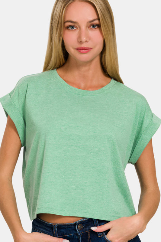 Heathered Kelly Green Cotton Folded Sleeve Top