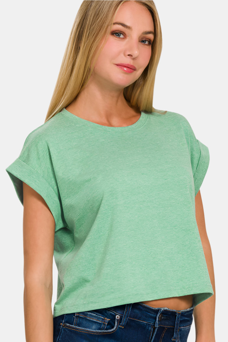 Heathered Kelly Green Cotton Folded Sleeve Top
