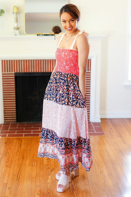 Orange Floral Smocked Tube Top Tiered Maxi Dress