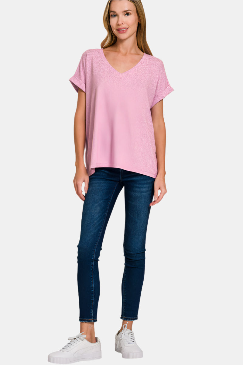 Bright Mauve Soft Melange Hacci V-Neck Tee