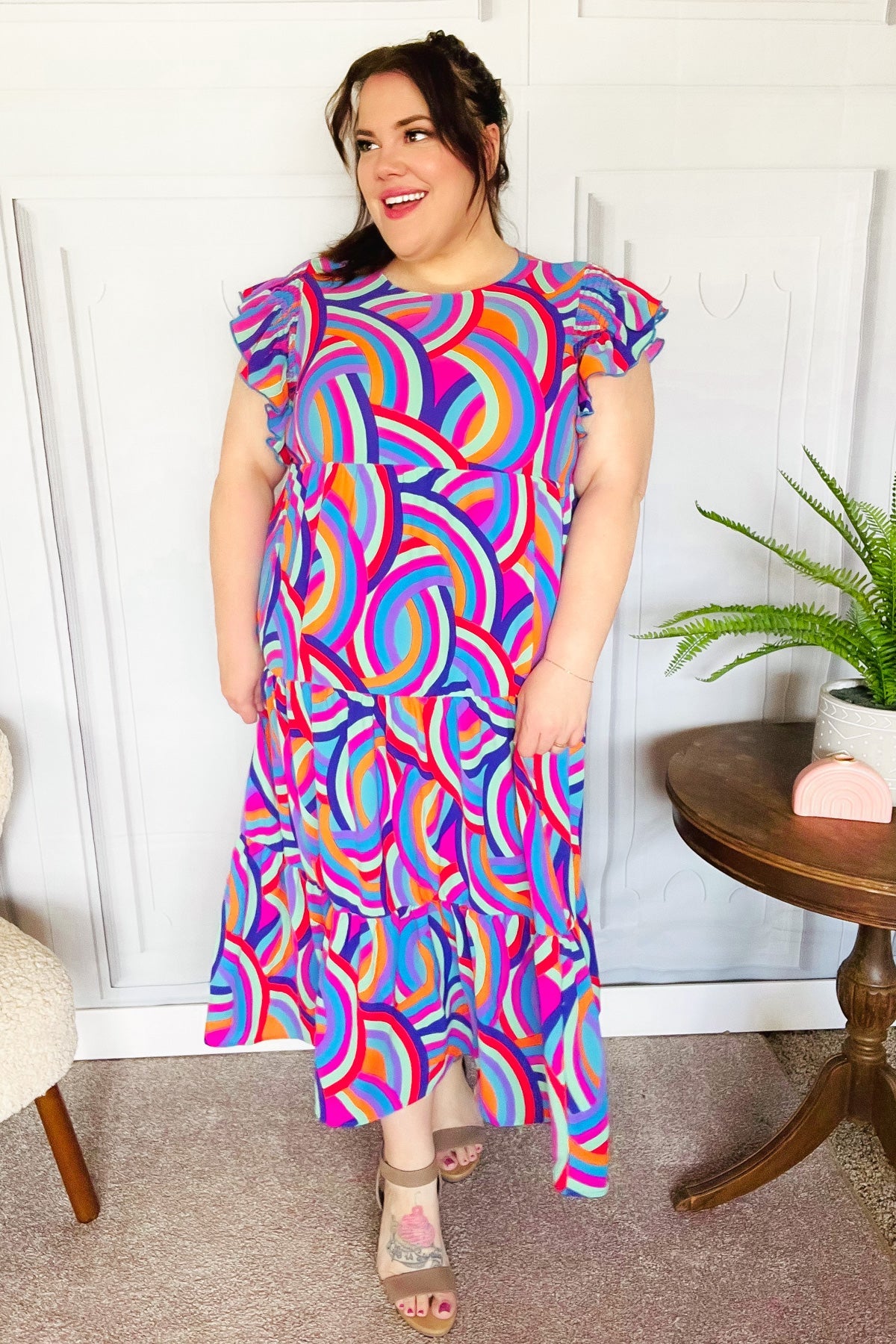 Purple Abstract Print Smocked Ruffle Sleeve Maxi Dress