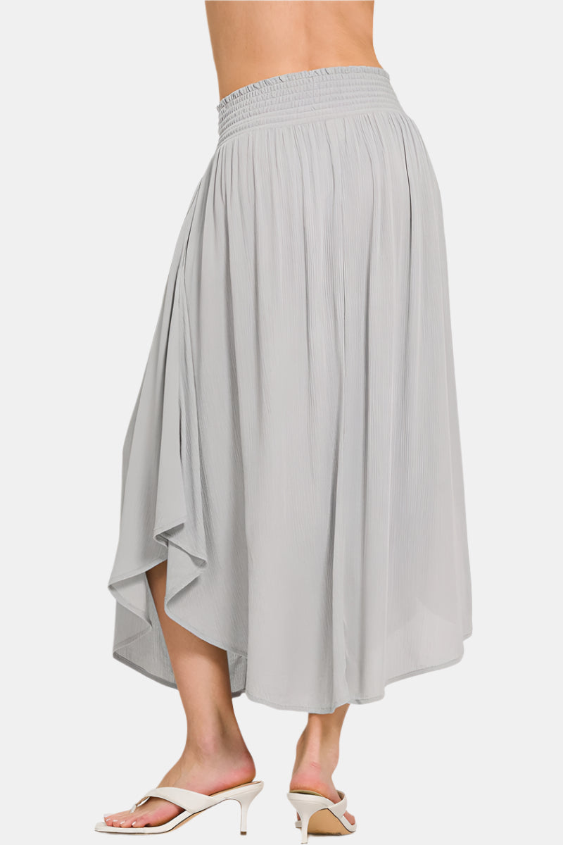 Off White Woven Crinkle Smocked Waist Maxi Skirt W Pockets