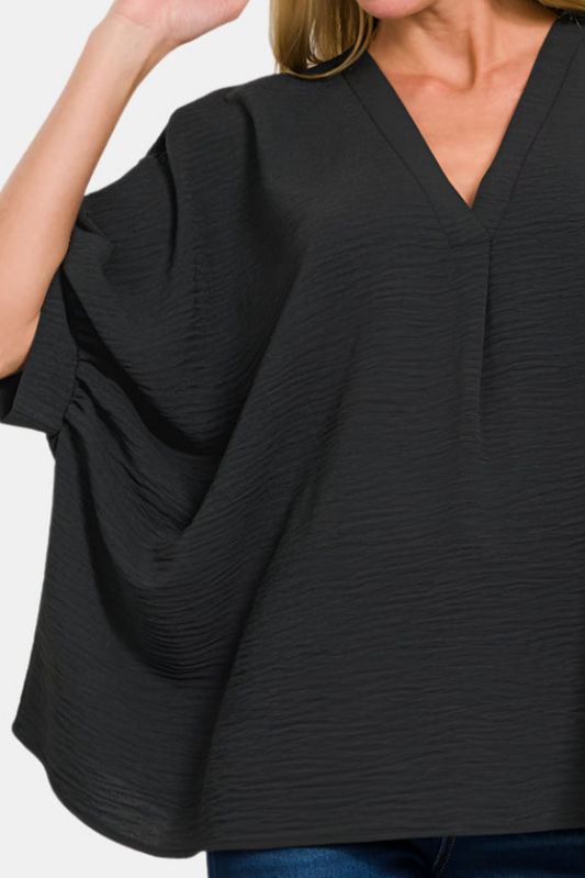 Black Woven Airflow V-Neck Puff Half Sleeve Top