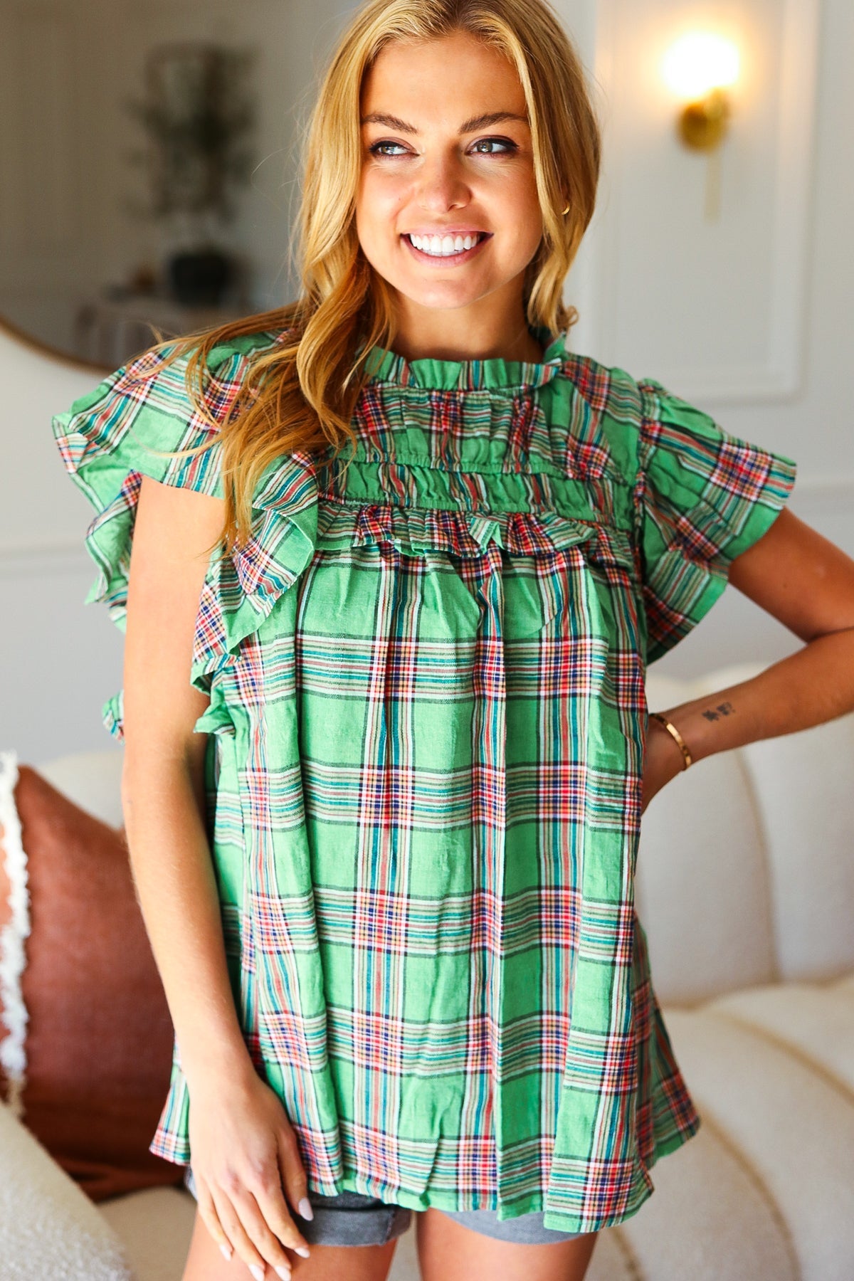 Green Plaid Shirred Yoke Flutter Sleeve Top – Lavender Latte Boutique