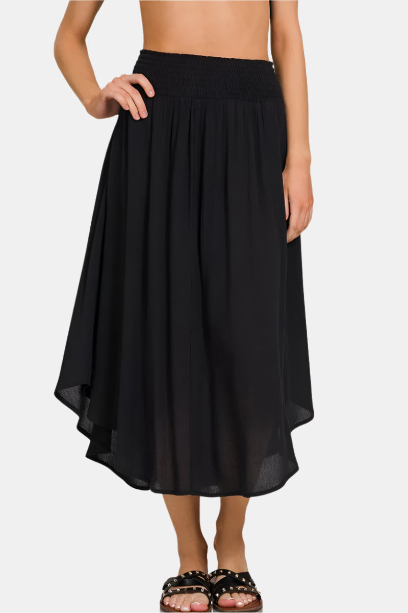 Black Woven Crinkle Smocked Waist Maxi Skirt W Pockets