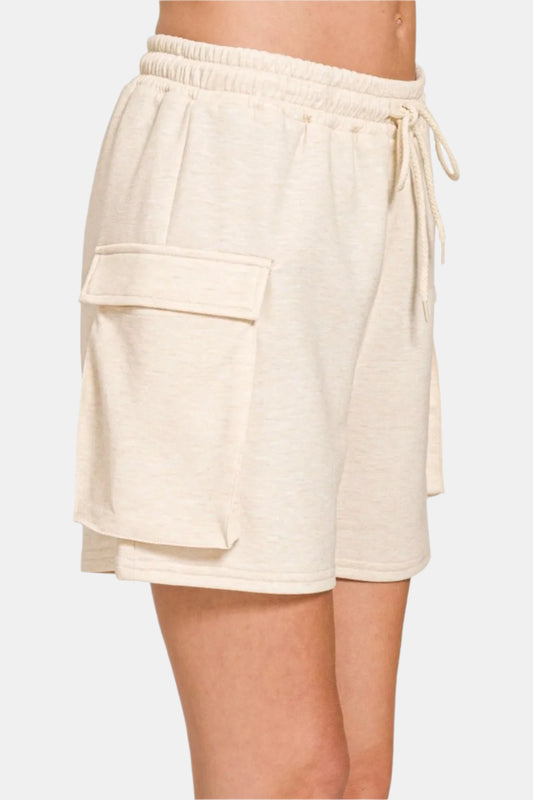 Beige Scuba Thigh Pocket Shorts