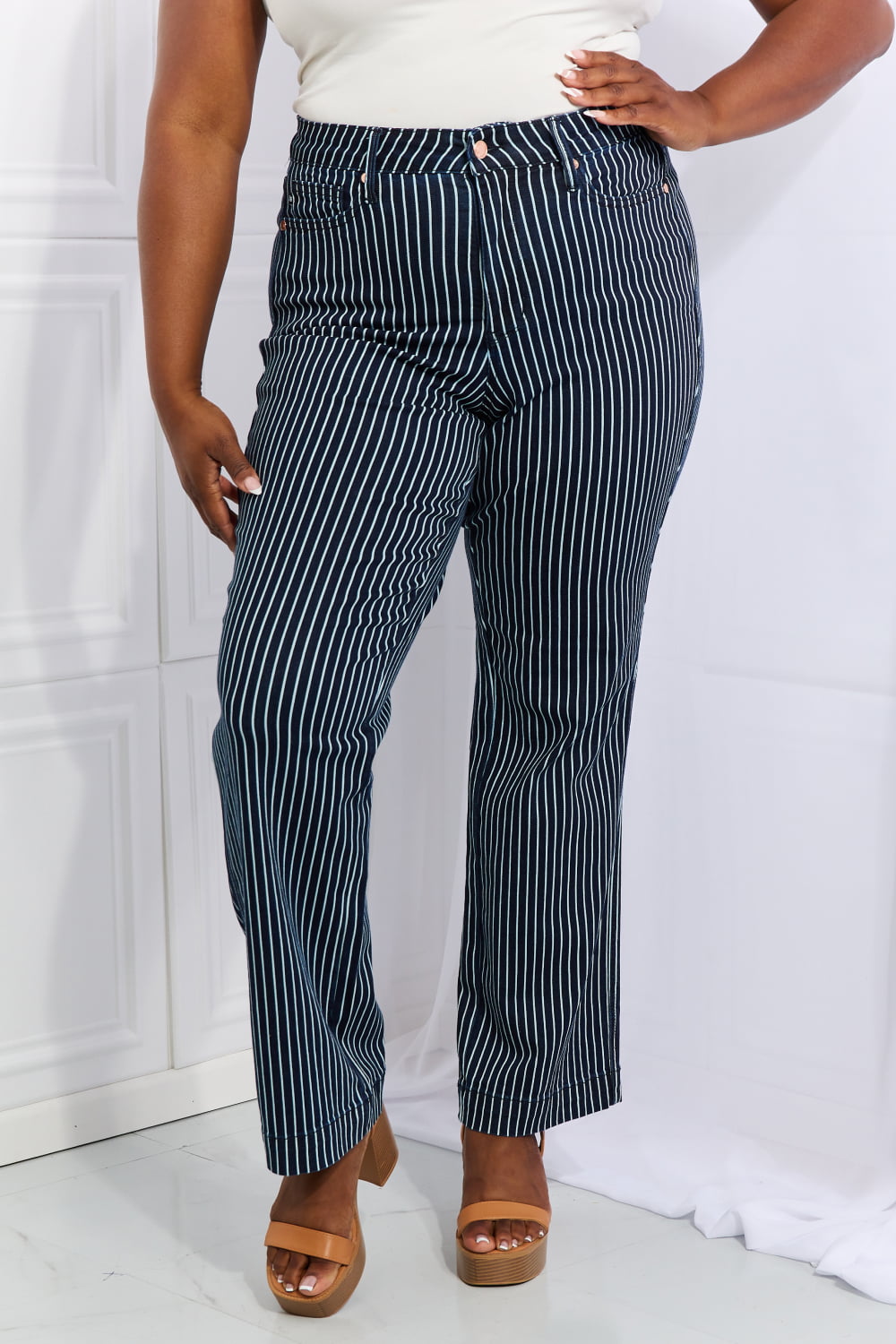 High Waisted Tummy Control Striped Straight Jeans – Lavender Latte Boutique