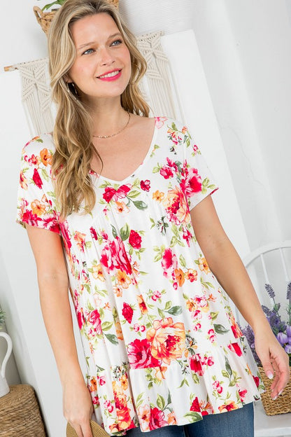 Plus Floral V-Neck Ruffle Hem Babydoll Tunic