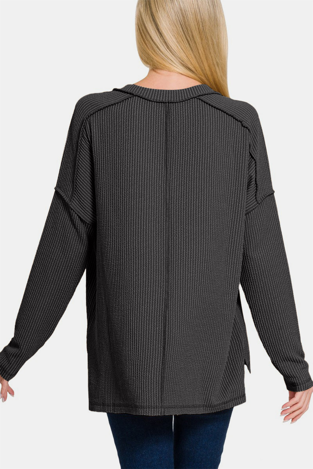 Corded Rib Long Sleeve Hi-Low V Neck Top