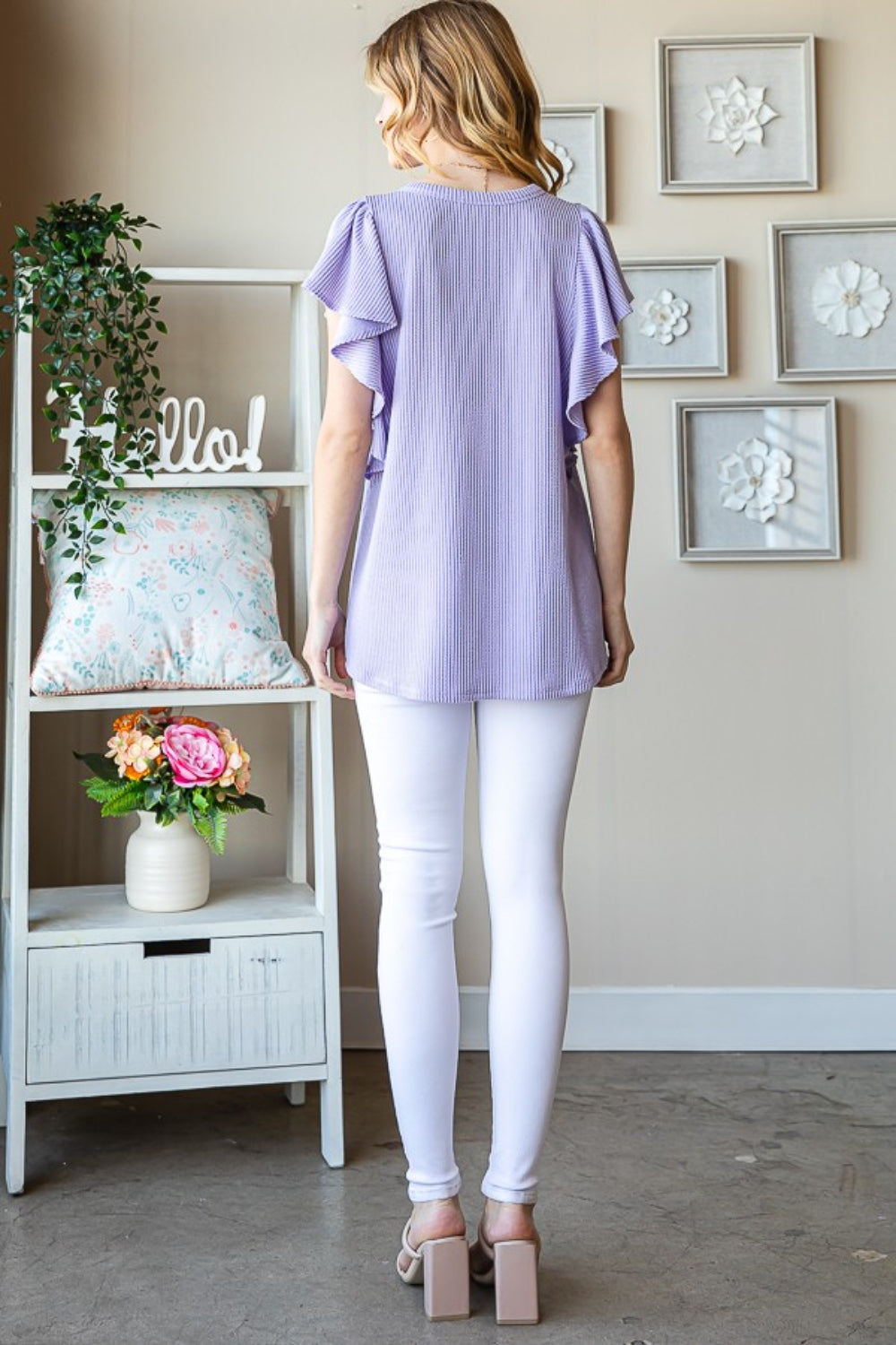 Lavender Ruffled Sleeve Ribbed Top