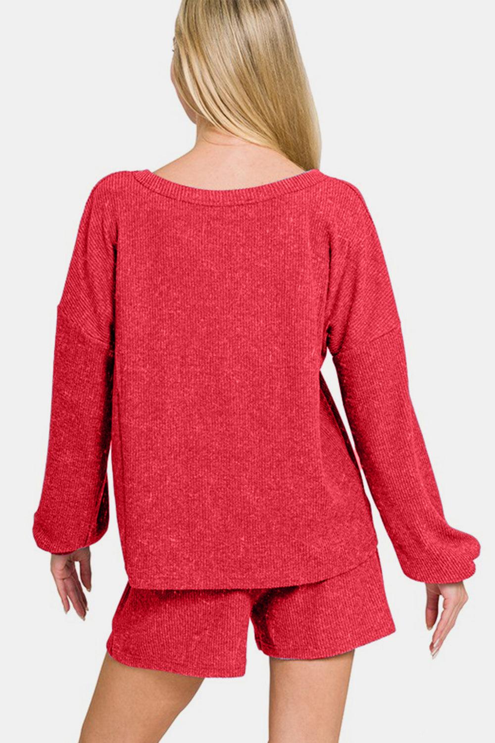 Brushed Ribbed Hacci V-Neck Long Sleeve Tee & Shorts Set