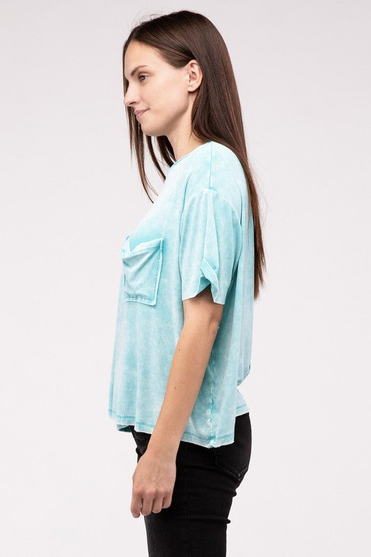 Washed Ribbed Cuffed Short Sleeve Round Neck Top