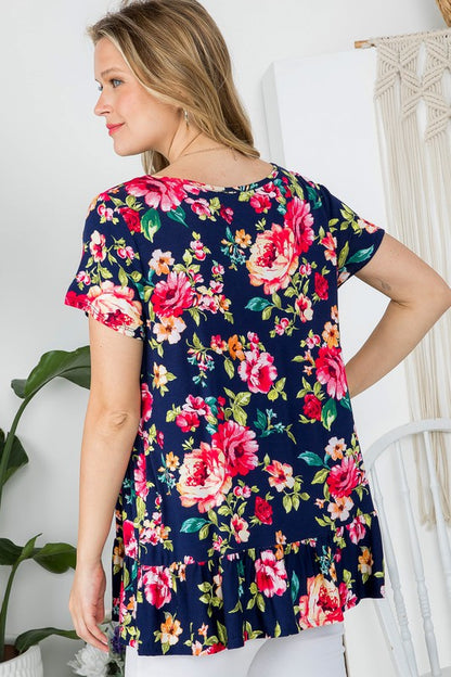 Floral V-Neck Ruffle Hem Babydoll Tunic