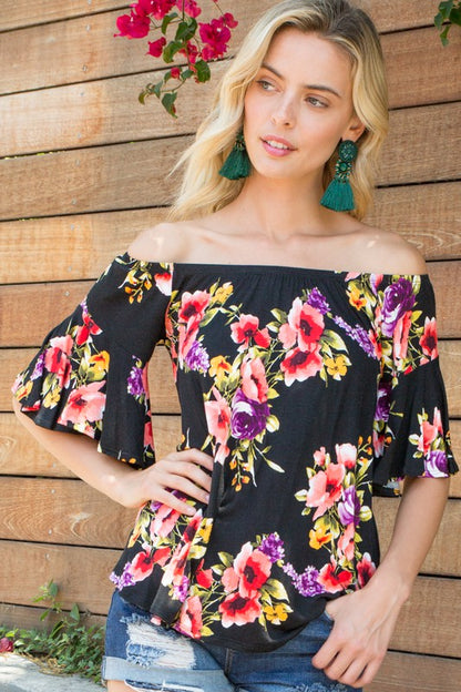 Plus Floral Off Shoulder Ruffle Sleeve Top