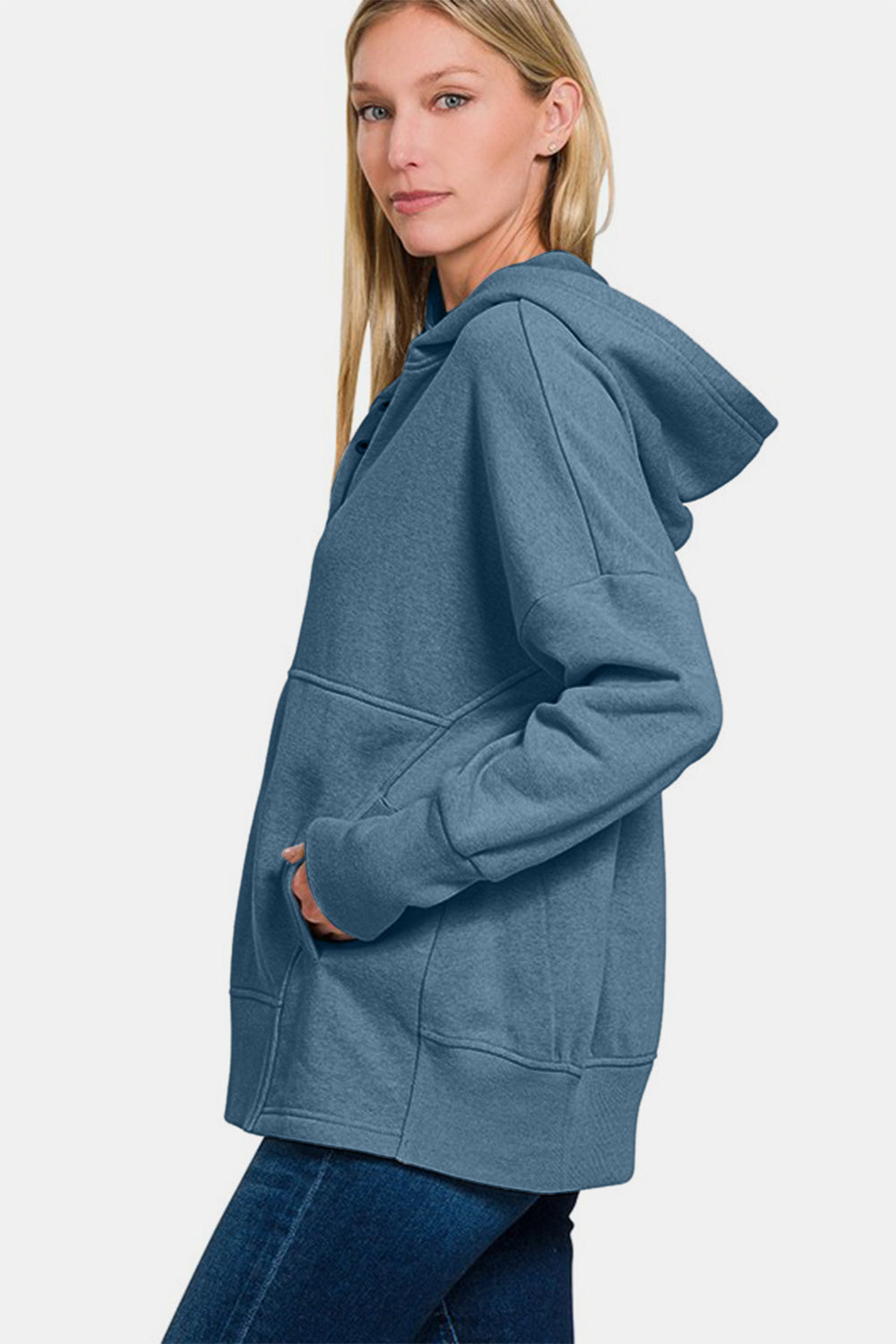 Fleece Half Snap Button Hooded Sweatshirt