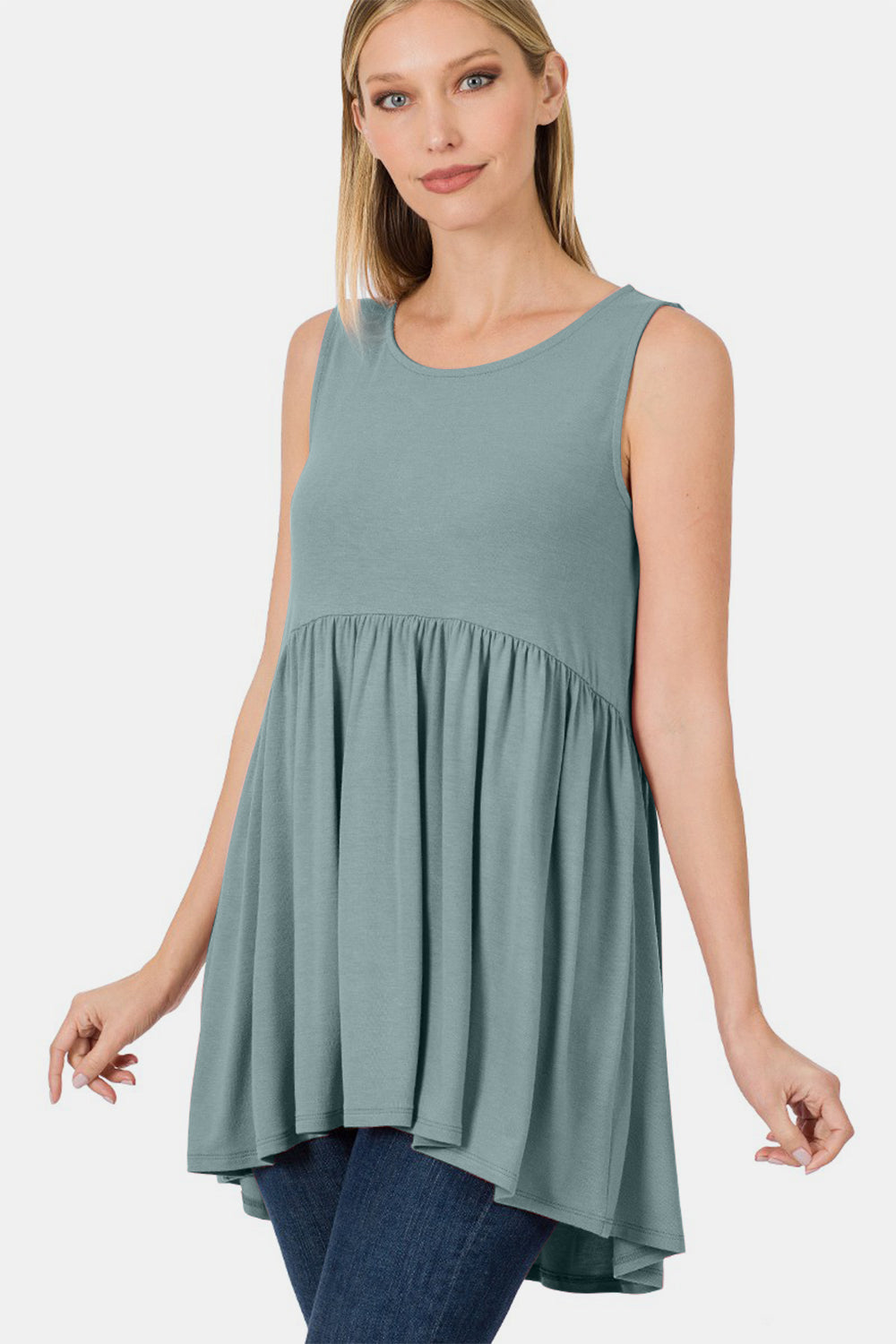 Sleeveless Waist Shirring High-Low Top