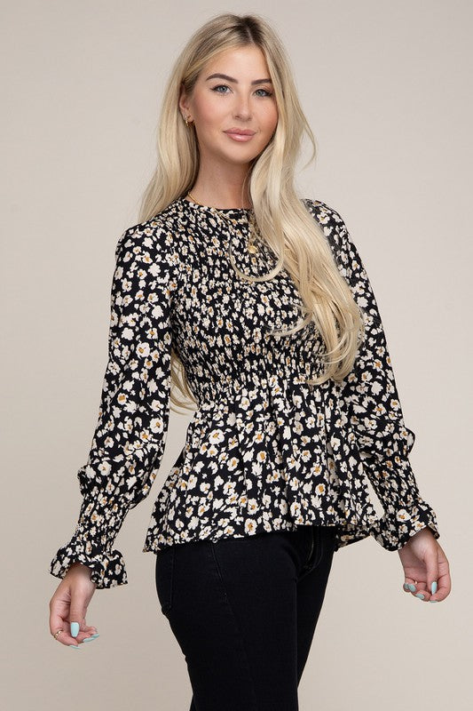 Allover Floral Smocked Peplum Blouse