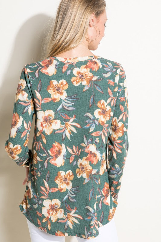 Floral Sequin Pocket Long Sleeve Top
