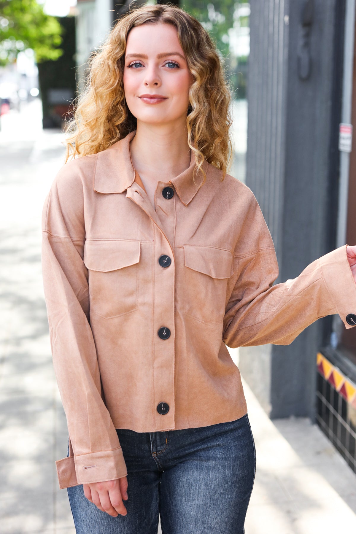 Camel Faux Suede Crop Boxy Fit Jacket