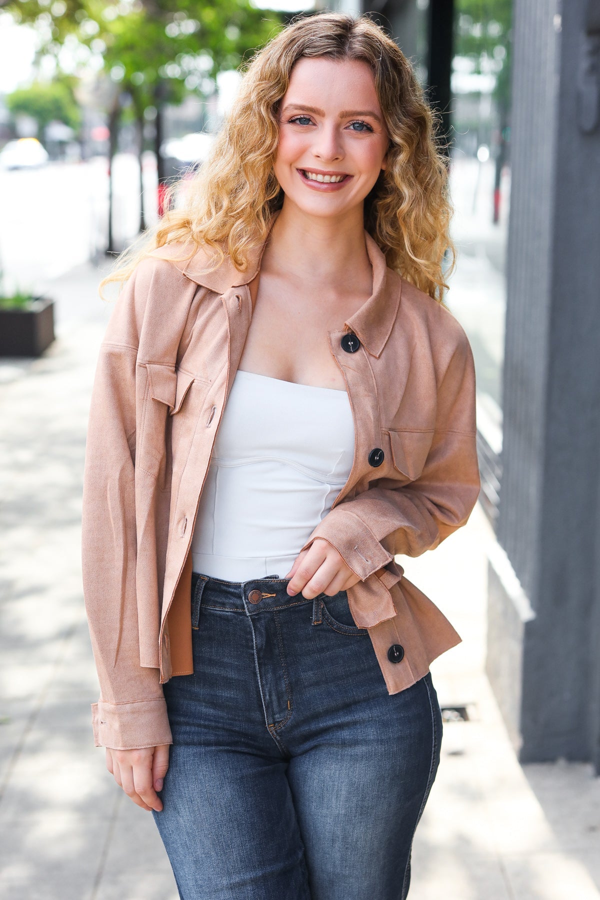 Camel Faux Suede Crop Boxy Fit Jacket