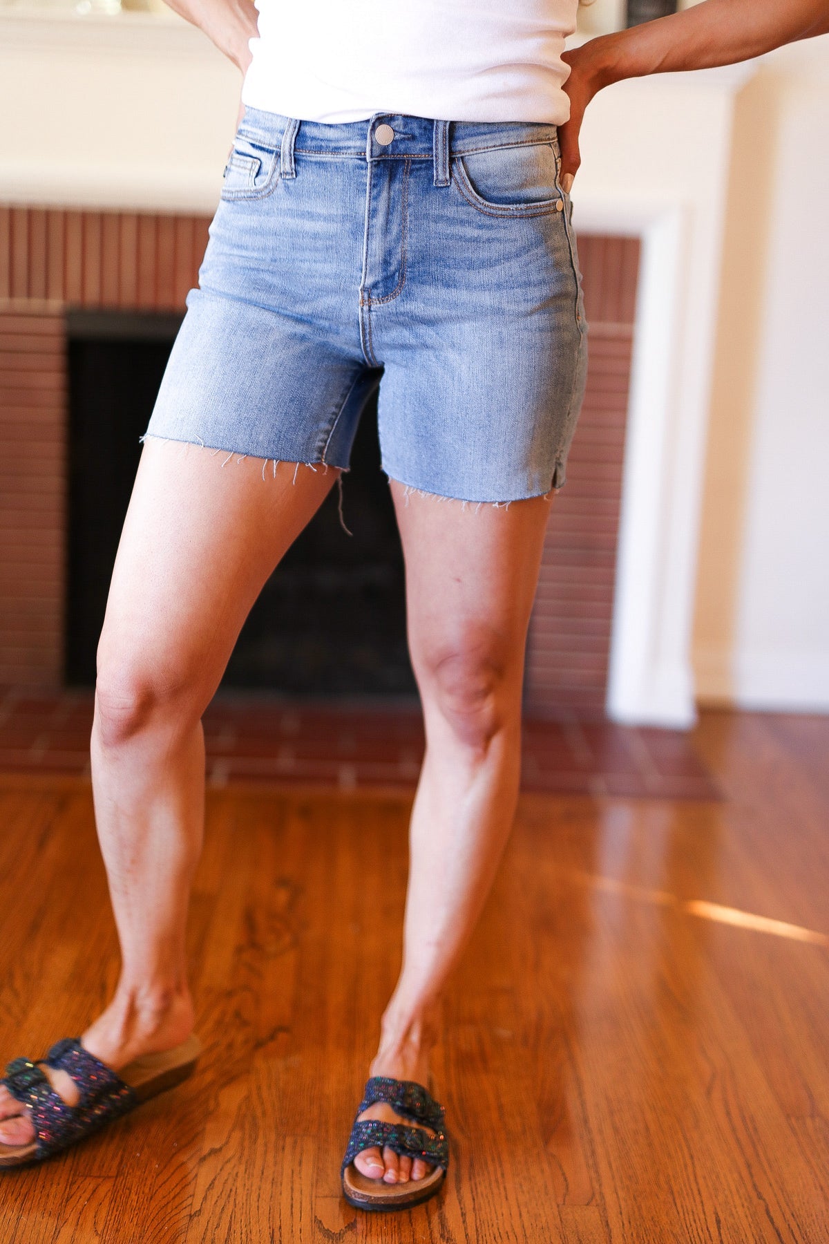 Medium Wash Mid Rise Cut Off Denim Shorts