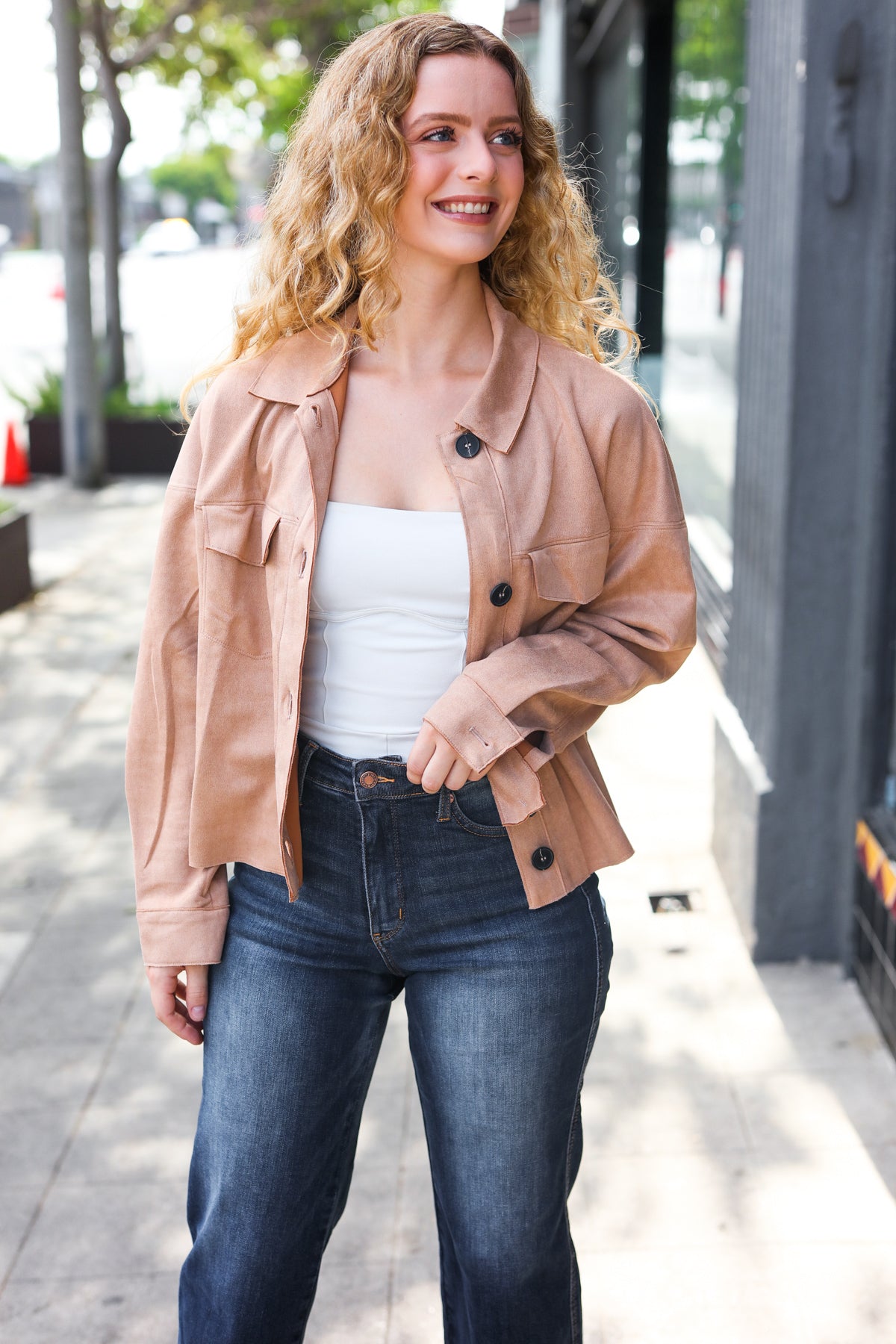 Camel Faux Suede Crop Boxy Fit Jacket