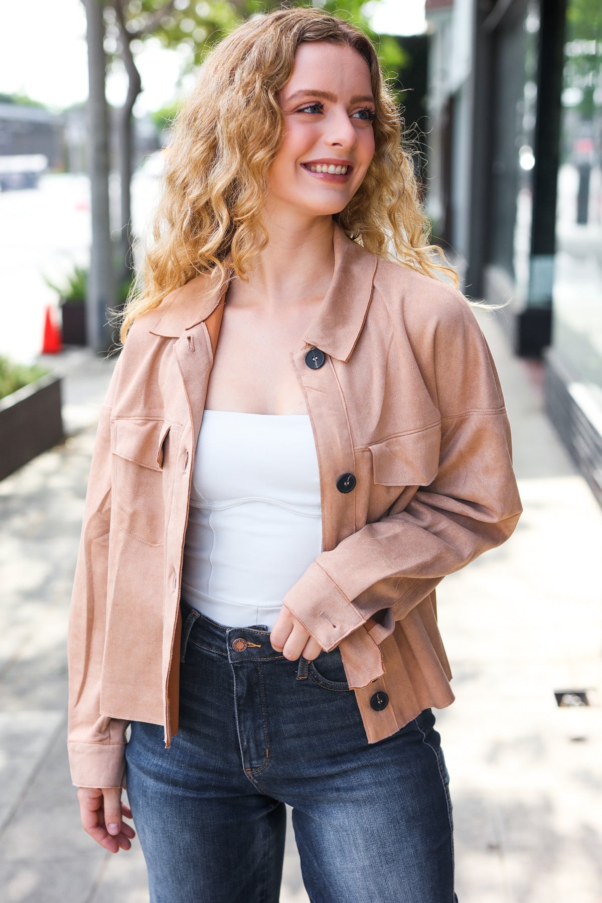 Camel Faux Suede Crop Boxy Fit Jacket