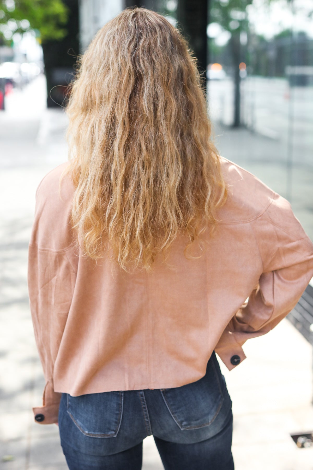 Camel Faux Suede Crop Boxy Fit Jacket