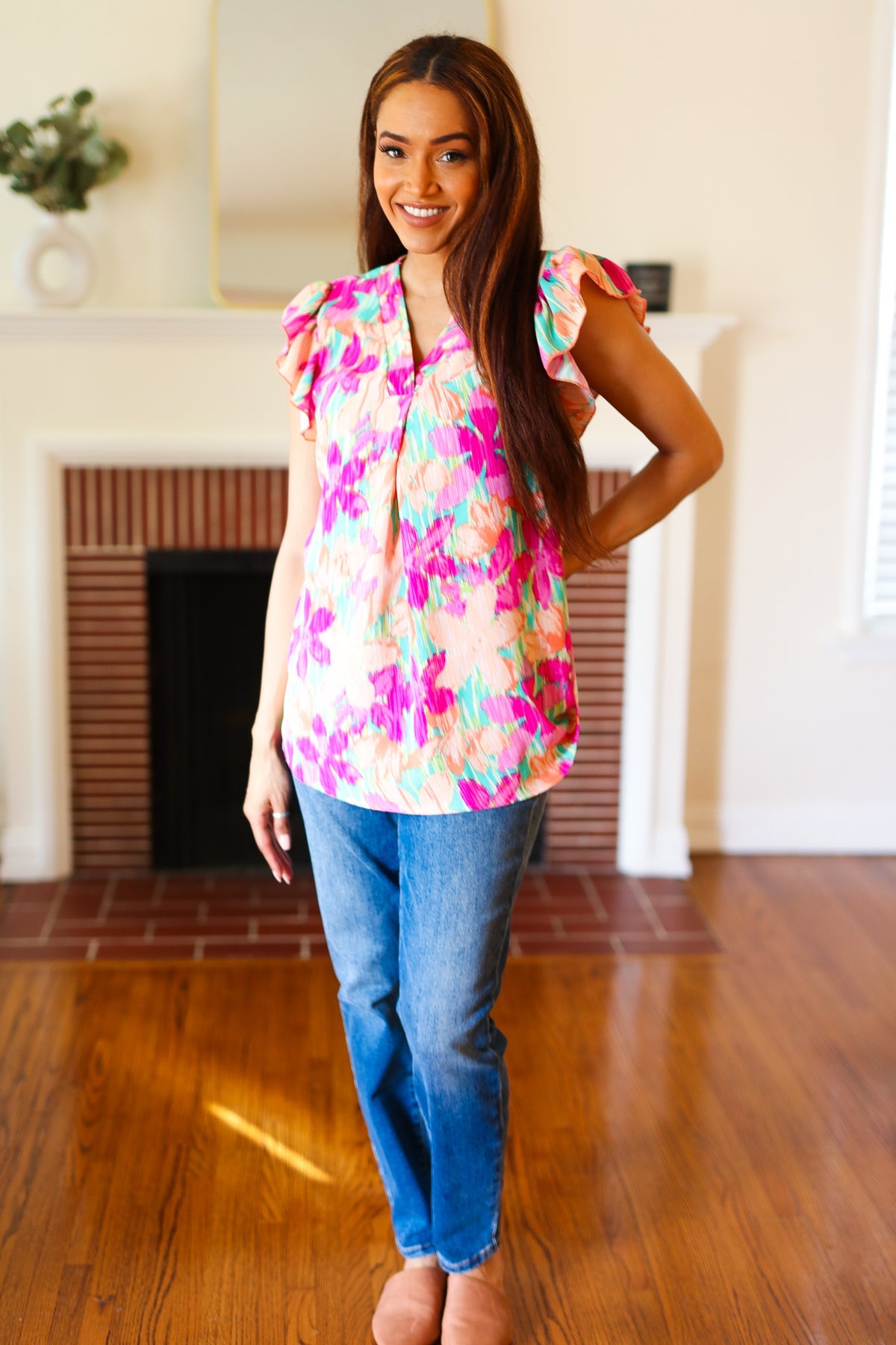 Peach Floral Banded V Neck Flutter Sleeve Top