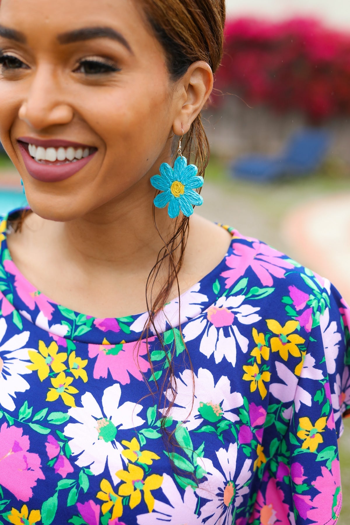 Sky Blue Daisy Flower Straw  Dangle Earrings