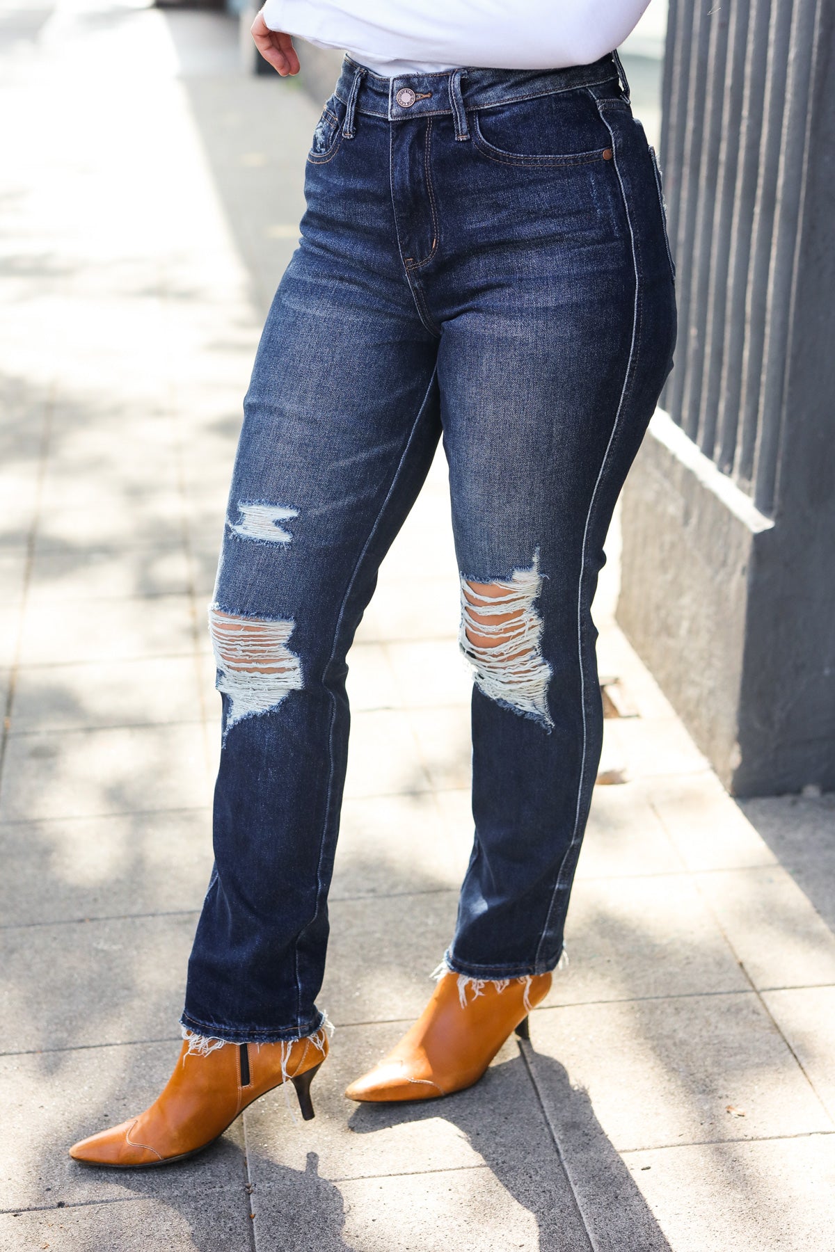 Dark Wash Mid Rise Distressed Straight Leg Jeans