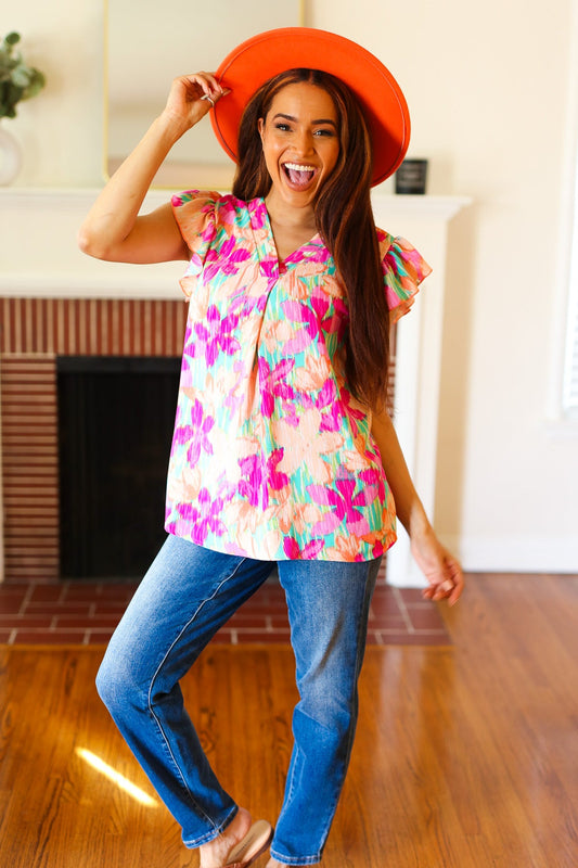 Peach Floral Banded V Neck Flutter Sleeve Top