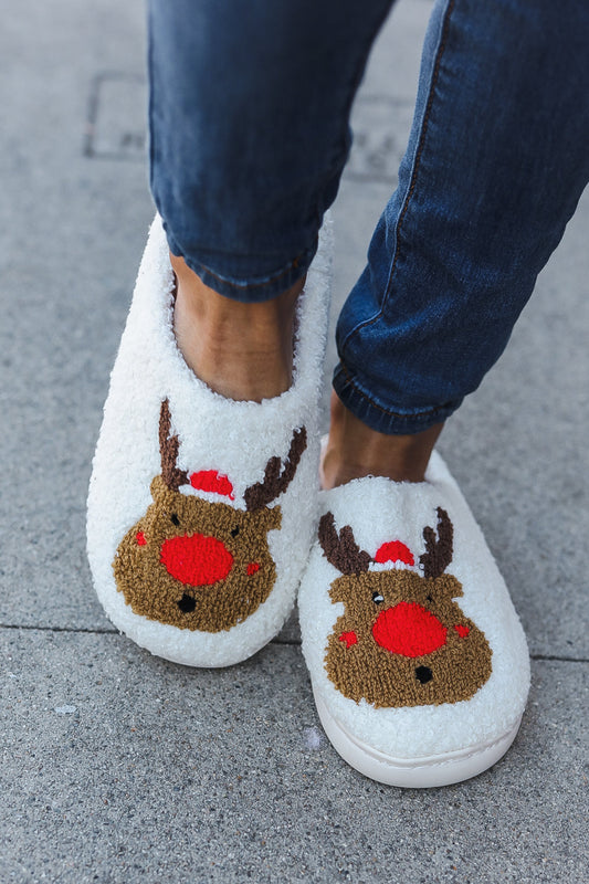 Red Nose Reindeer Print Fleece Slippers