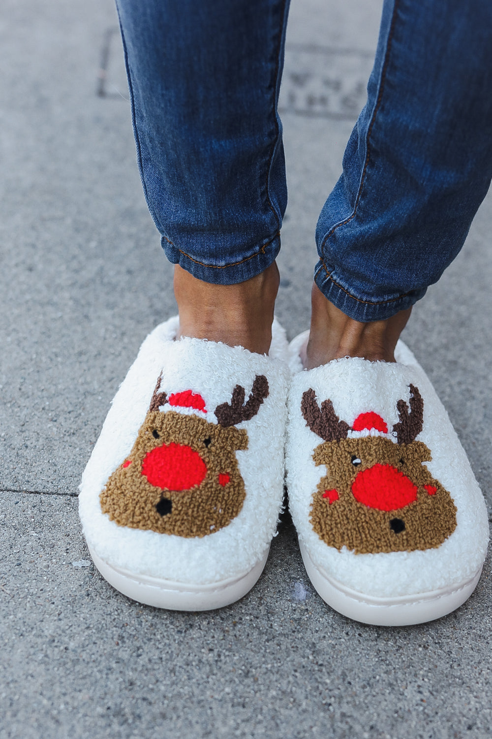 Red Nose Reindeer Print Fleece Slippers